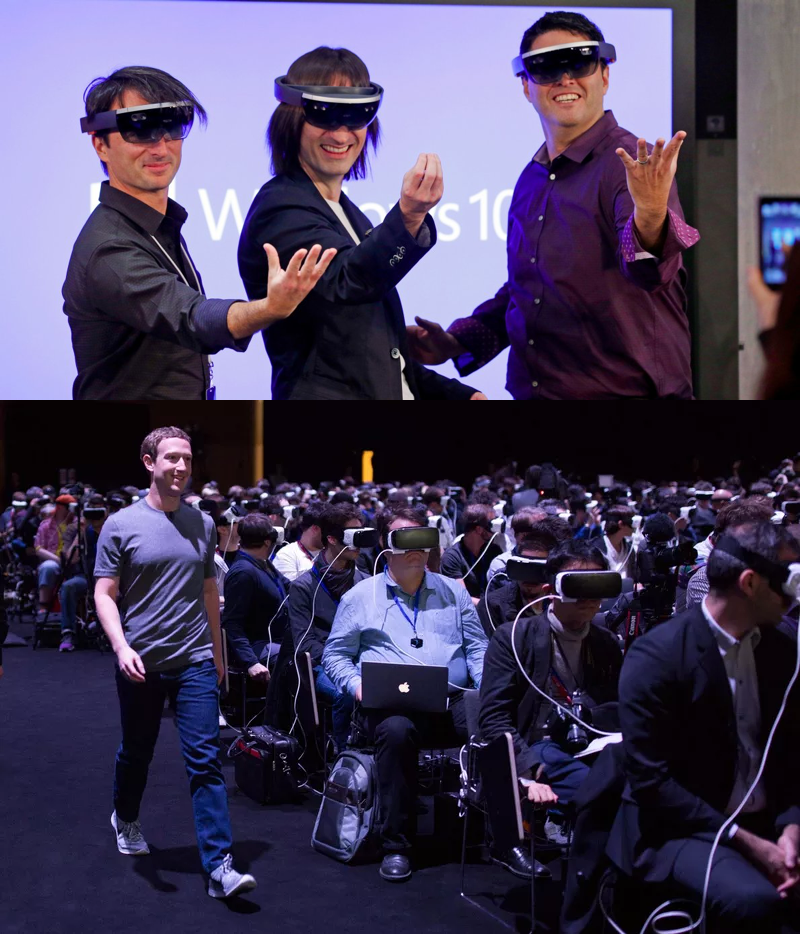 Men and women sitting with a VR headset, Mark Zuckerberg marching among them.